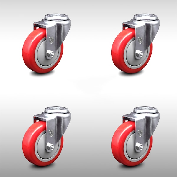 4 Inch SS Red Polyurethane Wheel Swivel Bolt Hole Caster Set